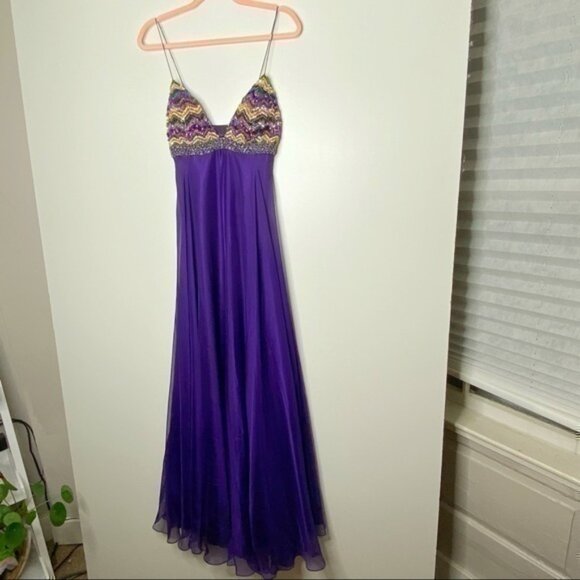 Jovani royal purple maxi prom dress with purple and yellow gem detailing EUC - Picture 2 of 7